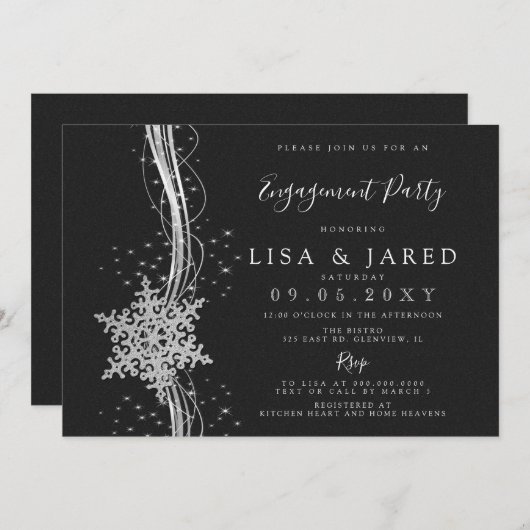 Silver Black Snowflakes Winter Engagement Party Einladung (Vorne/Hinten)