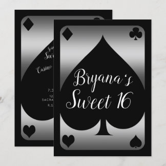 Silver & Black Spade Glam Casino Sweet 16 Party Einladung