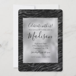 Silver Black Sparkle Zebra Print Einladung