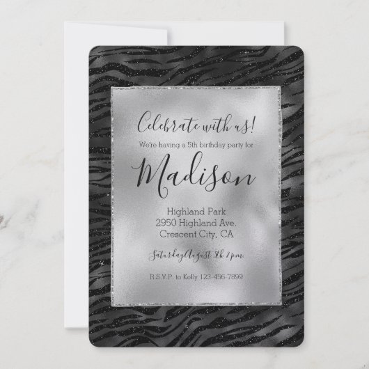Silver Black Sparkle Zebra Print Einladung (Vorderseite)