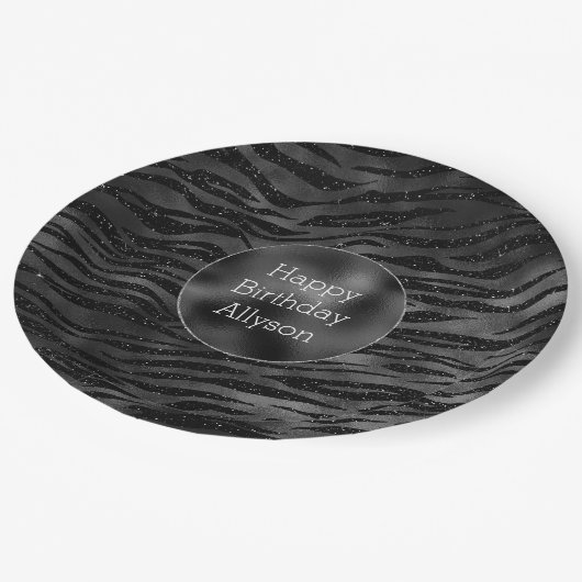 Silver Black Sparkle Zebra Print Pappteller (Schrägansicht)
