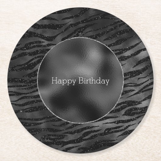 Silver Black Sparkle Zebra Print Runder Pappuntersetzer (Vorderseite)