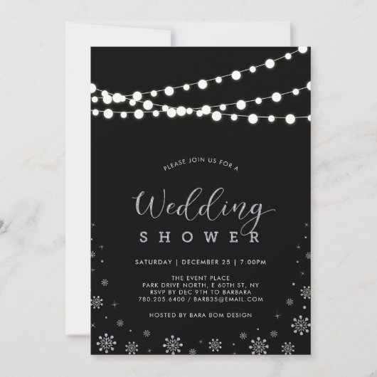 Silver & Black String Lights Winterdusche Einladung (Vorderseite)