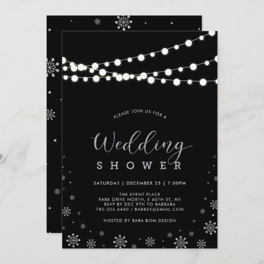 Silver & Black String Lights Winterdusche Einladung (Vorne/Hinten)