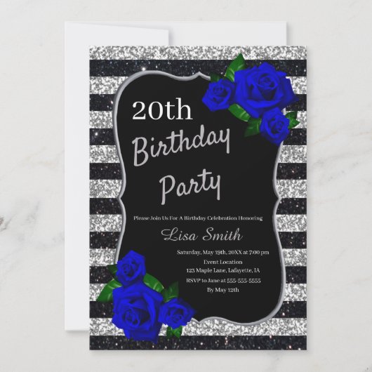 Silver Black Stripes Glitzer Deep Blue Rose Einladung (Vorderseite)