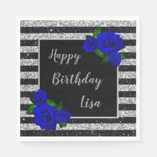 Silver Black Stripes Glitzer Deep Blue Rose Serviette