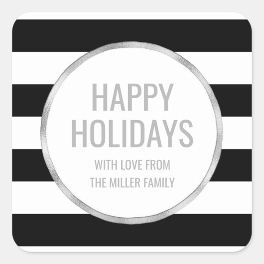 Silver Black Stripes Happy Holidays Custom Quadratischer Aufkleber (Vorderseite)