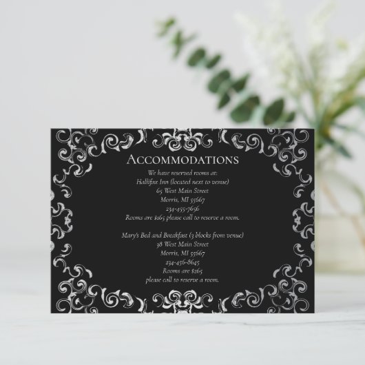 Silver & Black Swirl Gothic Wedding Begleitkarte (Stehend Vorderseite)