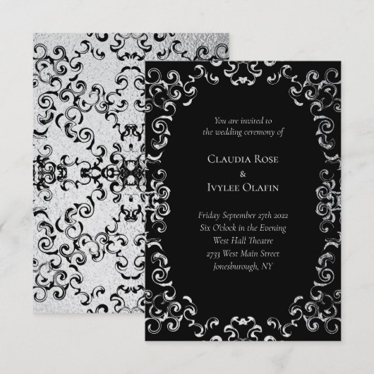 Silver & Black Swirl Gothic Wedding Einladung (Vorne/Hinten)