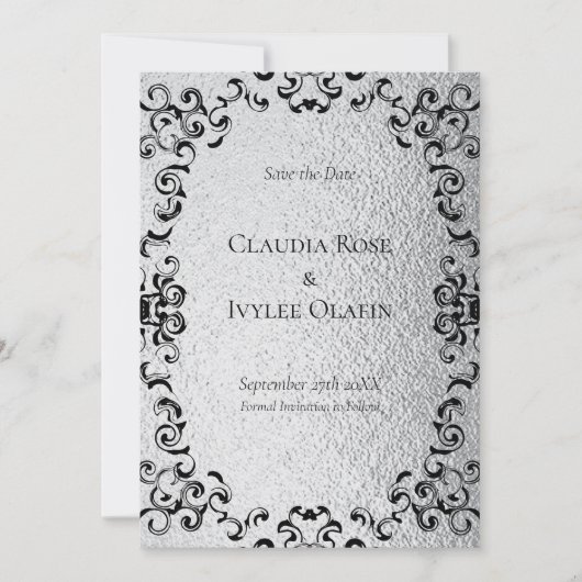 Silver & Black Swirl Gothic Wedding Einladung (Vorderseite)