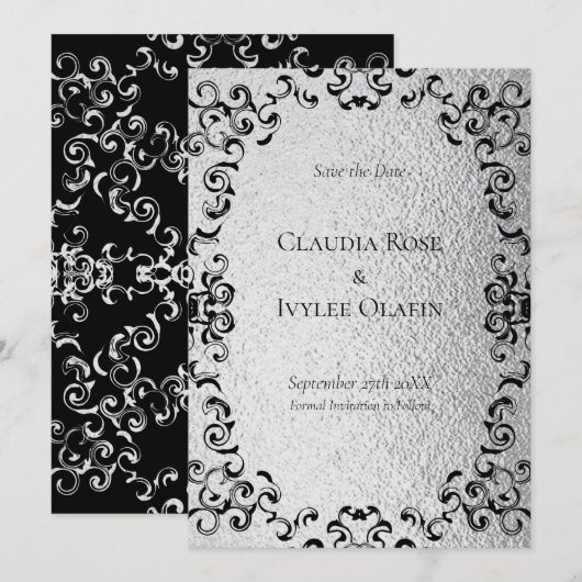 Silver & Black Swirl Gothic Wedding Einladung (Vorne/Hinten)