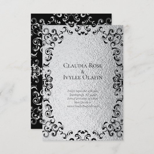 Silver & Black Swirl Gothic Wedding Einladung (Vorne/Hinten)