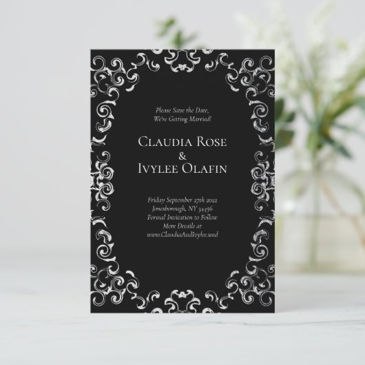 Silver & Black Swirl Gothic Wedding Einladung (Stehend Vorderseite)