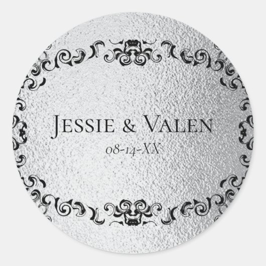 Silver & Black Swirl Gothic Wedding Runder Aufkleber (Vorderseite)