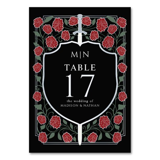 Silver Black Sword & Shield Fantasy Wedding Tischnummer (Vorderseite)