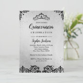Silver Black Tiara Damask Quinceanera Einladung (Stehend Vorderseite)