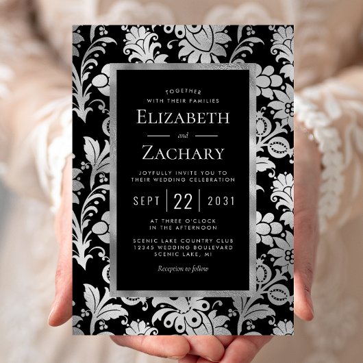 Silver Black Vintag Floral Pattern Hochzeit Einladung