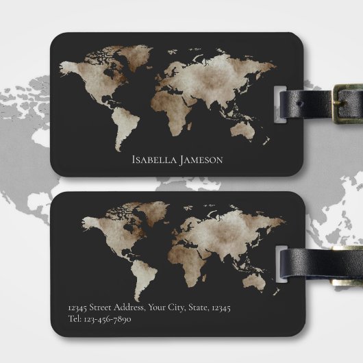 Silver Black Watercolor Weltkarte Personalisiert Gepäckanhänger