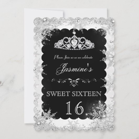 Silver Black Winter Wonderland Sweet 16 Einladung (Vorderseite)