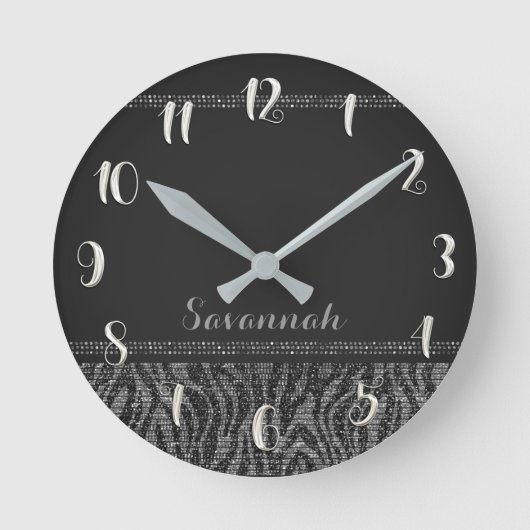 Silver Black Zebra Print Glam Sequins Glitter Runde Wanduhr (Vorderseite)