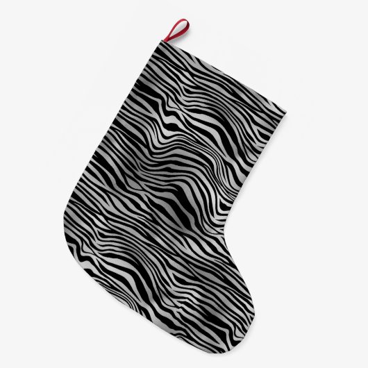 Silver Black Zebra Print Großer Weihnachtsstrumpf (Vorderansicht (hängend))