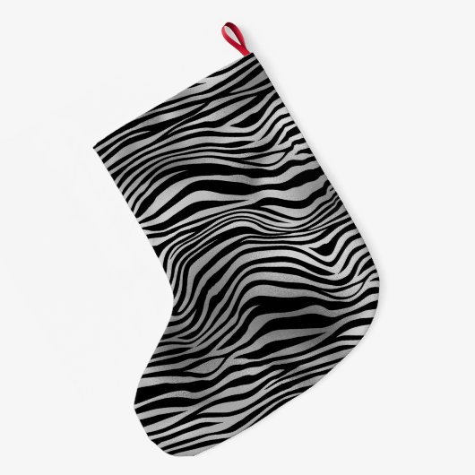 Silver Black Zebra Print Großer Weihnachtsstrumpf (Rückseite (Hängend))
