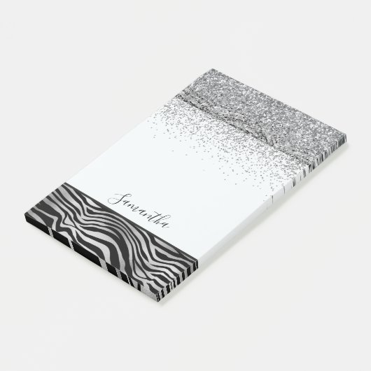 Silver Black Zebra Print Sparkle Post-it Klebezettel (angewinkelt)