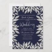 Silver Blätter Botanical Glam Blue Wedding Einladung (Vorderseite)