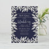 Silver Blätter Botanical Glam Blue Wedding Einladung (Stehend Vorderseite)