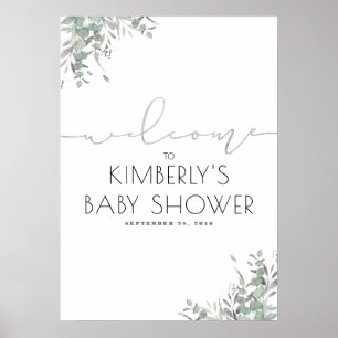 Silver Blätter Grüne Elegante Babydusche Willkomme Poster