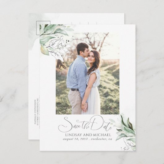 Silver Blätter Grünpflanzen Save the Date Foto Ankündigungspostkarte (Vorne/Hinten)