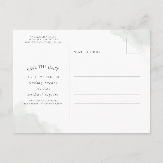 Silver Blätter Grünpflanzen Save the Date Foto Ankündigungspostkarte (Rückseite)