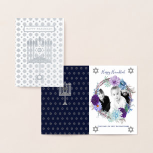 SILVER BLAUE Hanukkah FOTO Card - Blume Florenz Folienkarte