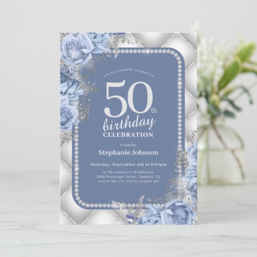Silver Blue 50. Geburtstag Einladung (Stehend Vorderseite)