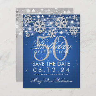 Silver Blue 50. Geburtstag Save the Date Winter Einladung
