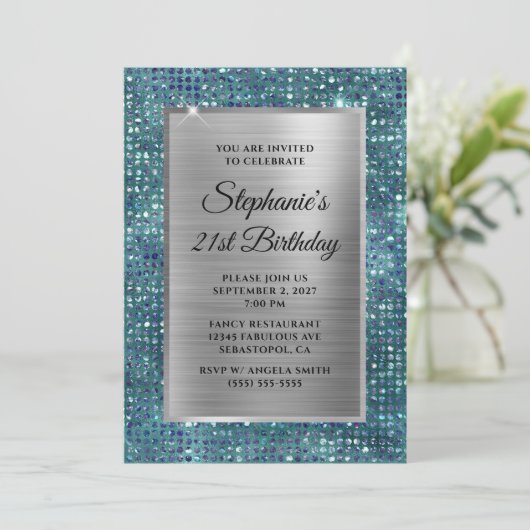 Silver Blue Aquamarin Diamond Glam Foil 21. Geburt Einladung (Stehend Vorderseite)