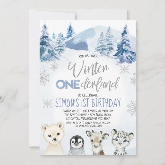 Silver Blue Arctic Winter Onederland Geburtstag Einladung (Vorderseite)