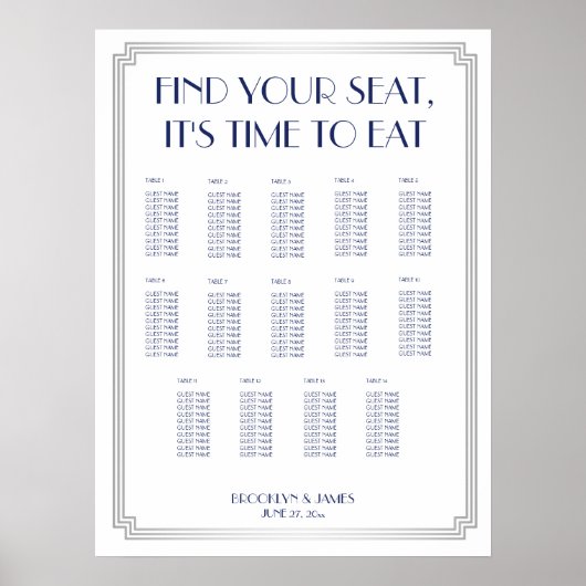 Silver Blue Art Deco Hochzeitsdiagramm Poster (Vorne)