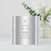 Silver Blue Baby Boy Christening Einladung (Stehend Vorderseite)