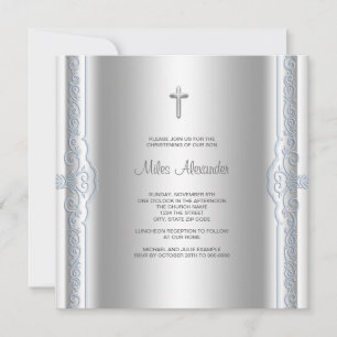 Silver Blue Baby Boy Christening Einladung