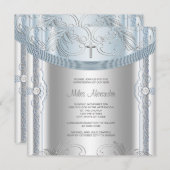 Silver Blue Baby Boy Christening Einladung (Vorne/Hinten)