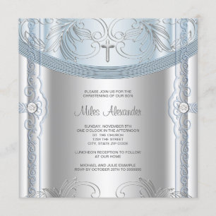 Silver Blue Baby Boy Christening Einladung
