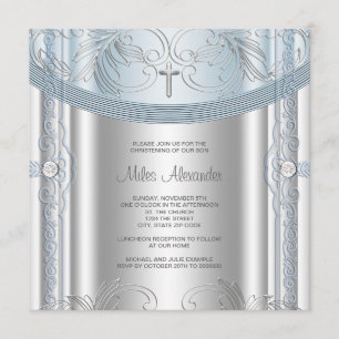Silver Blue Baby Boy Christening Einladung