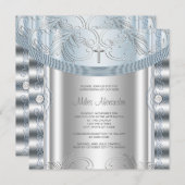 Silver Blue Baby Boy Christening Einladung (Vorne/Hinten)