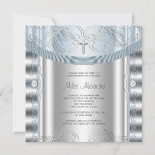 Silver Blue Baby Boy Christening Einladung