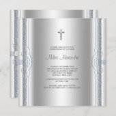 Silver Blue Baby Boy Christening Einladung (Vorne/Hinten)