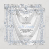 Silver Blue Baby Boy Christening White Satin Einladung (Vorne/Hinten)