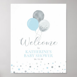 Silver & Blue Balloons | Baby-Dusche Willkommen Poster