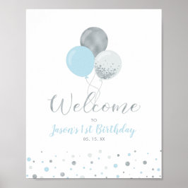 Silver & Blue Balloons | Junge 1. Geburtstag Willk Poster