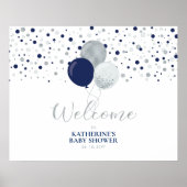 Silver & Blue Balloons Moderne Babydusche Willkomm Poster (Vorne)